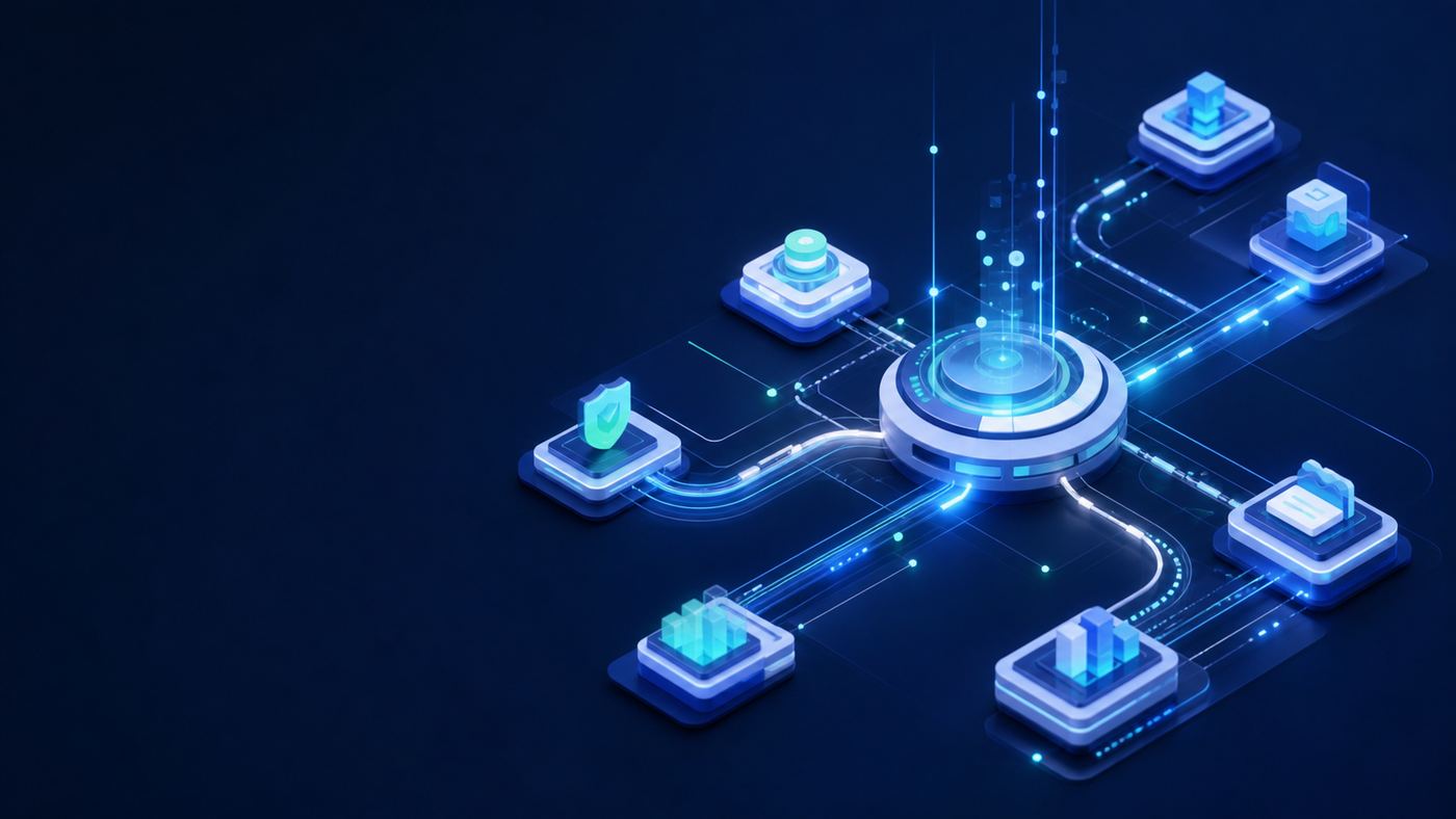 Panel central conectado a paneles de negocio, seguridad y datos
