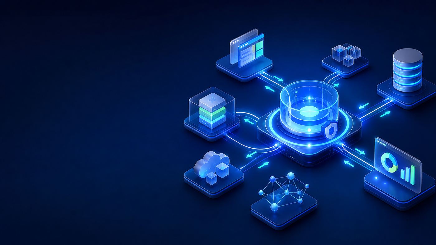Núcleo central conectado a sistemas, nube y bases de datos